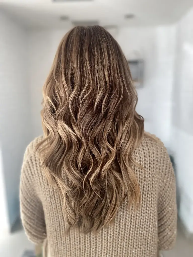 Melena larga castaña con ondas y reflejos suaves